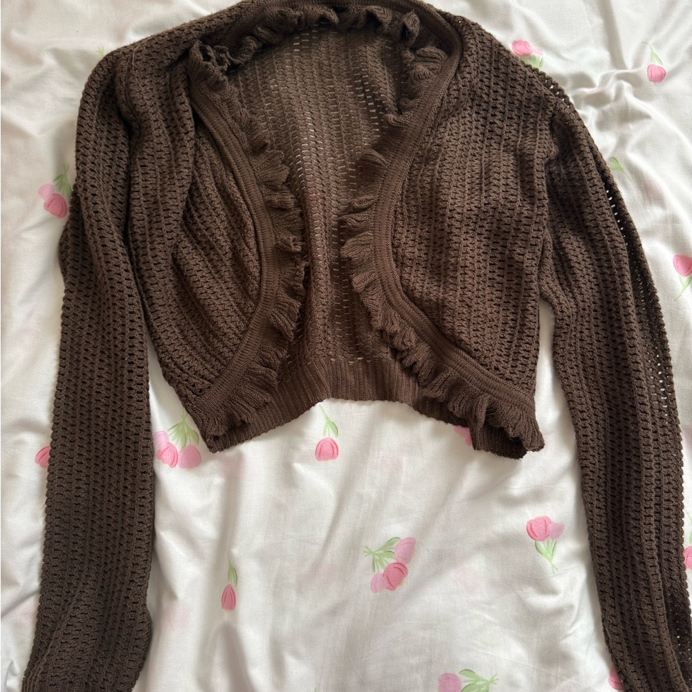 Vintage Chocolate Brown Ribbed Cardigan with Frilled Edges